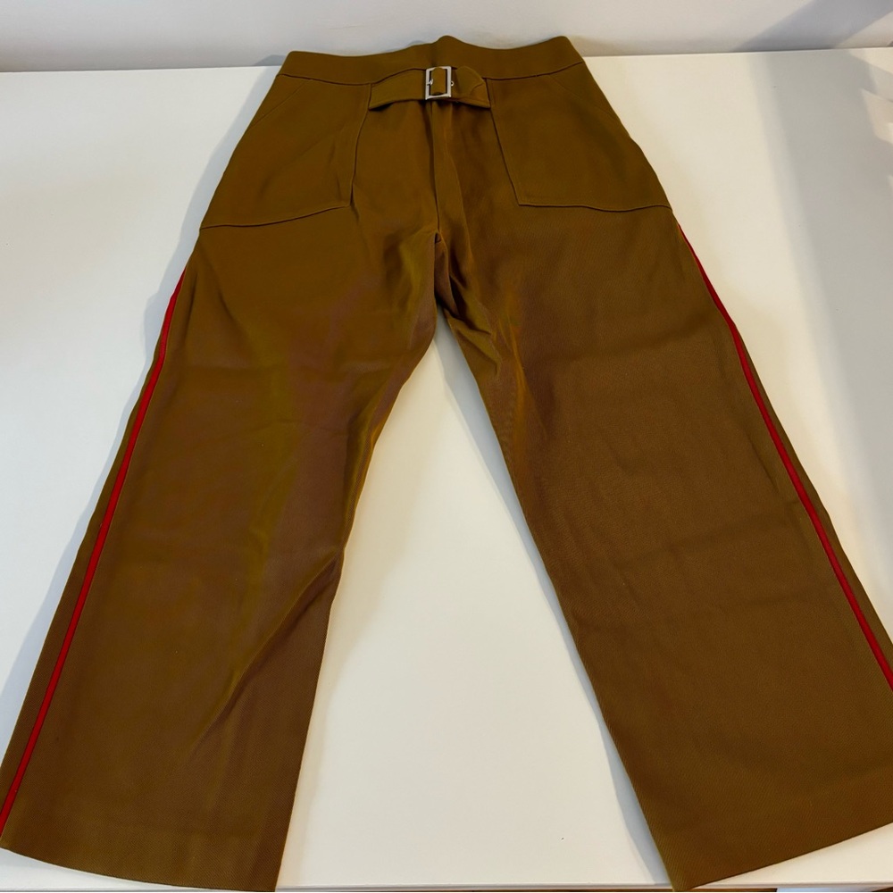 NWT Zara Trafaluc Tan Cropped Wide Leg Pants Red Side Stripe Size S - Picture 4 of 7